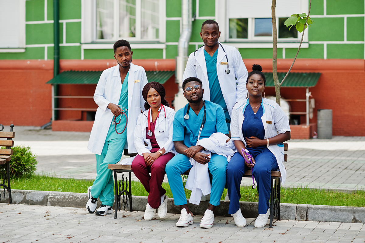 Group of african medical students posed outdoor.